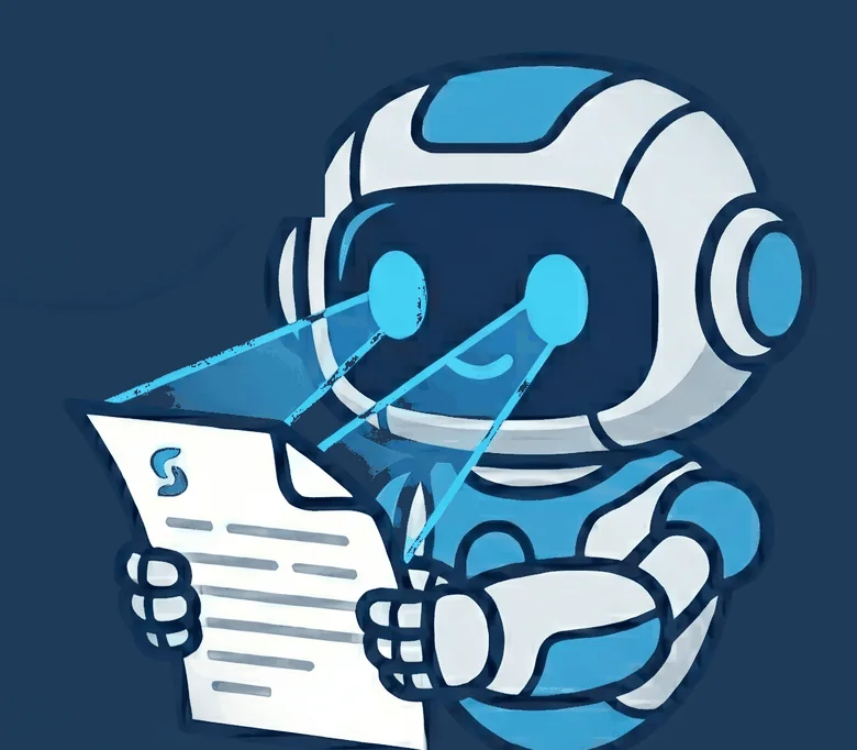 Mascote do ScanJá lendo um documento com um feixe de leitura saindo dos olhos